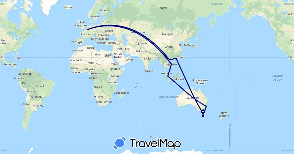 TravelMap itinerary: driving in Australia, China, Indonesia, Singapore, Vietnam (Asia, Oceania)